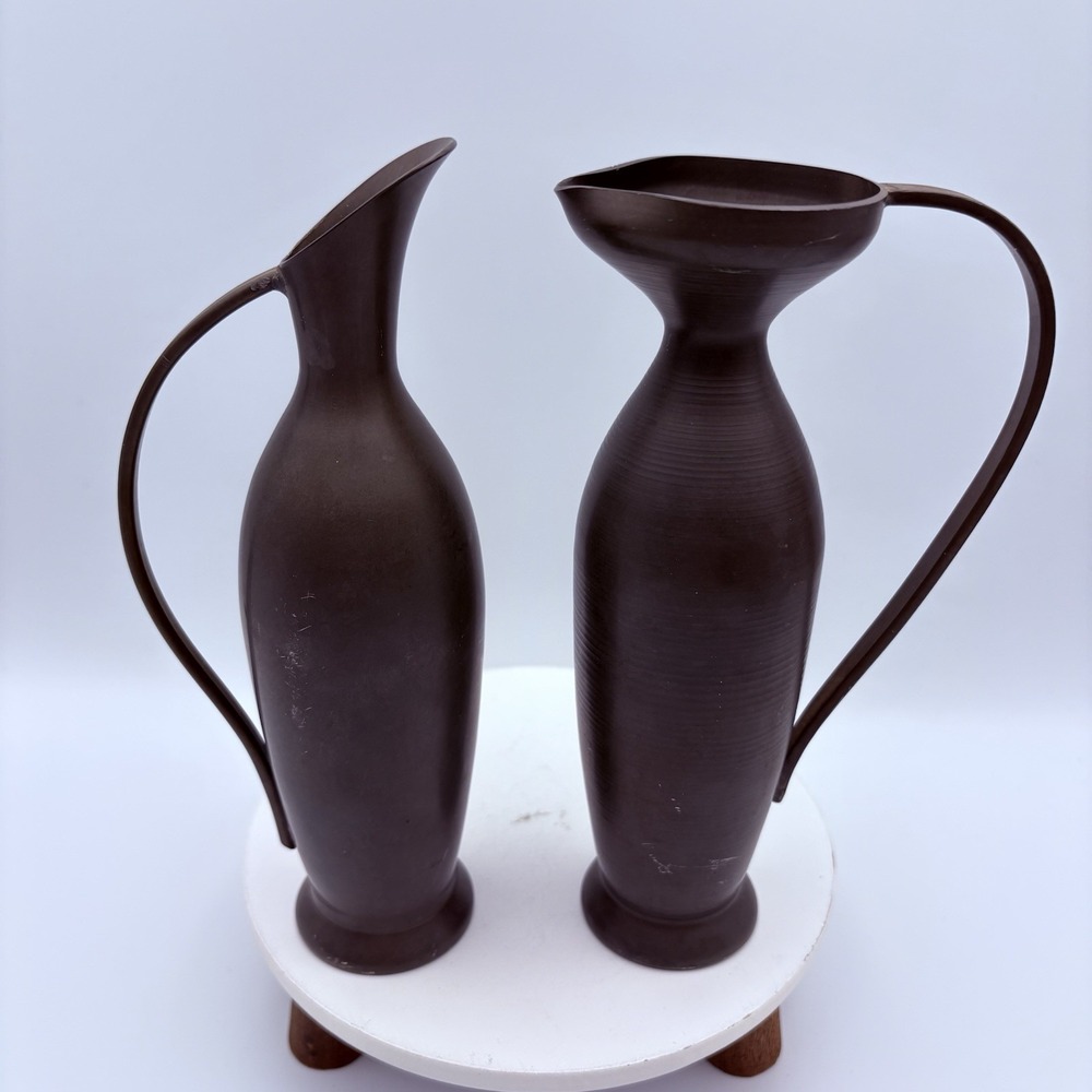 Set Of 2 Pitchers Bud Vases MCM Minimalist Pewter Peltro Italy 8"